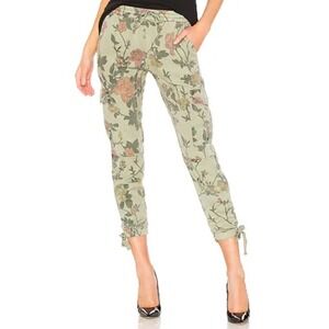 Pam & Gela Cargo Pants Floral Print Green Pink Drawstring Waist Size Small
